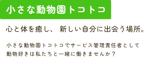 小さな動物園トコトコ 心と体を癒し、 新しい自分に出会う場所。 小さな動物園トコトコでサービス管理責任者として 動物好きは私たちと一緒に働きませんか？